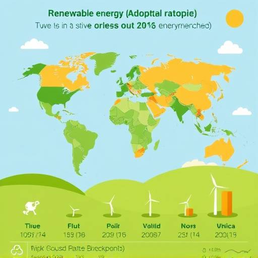 An infographic illustrating the growth of renewable energy adoption across different continents.